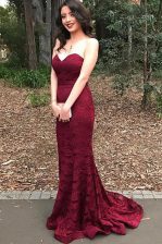 Beauteous Mermaid Sleeveless Lace Lace Up Prom Party Dress with Burgundy Sweep Train