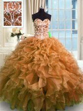 Classical Brown Sweetheart Neckline Beading and Ruffles Vestidos de Quinceanera Sleeveless Lace Up