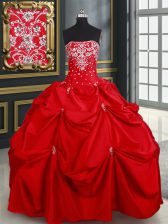  Floor Length Red Quinceanera Dresses Taffeta Sleeveless Beading and Pick Ups