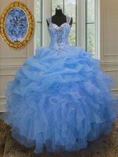 Elegant Blue Organza Zipper Straps Sleeveless Floor Length Quince Ball Gowns Beading and Ruffles