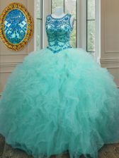 Traditional Turquoise Lace Up Scoop Beading and Ruffles Quinceanera Gown Tulle Sleeveless