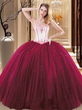  Wine Red Ball Gowns Strapless Sleeveless Tulle and Sequined Floor Length Lace Up Embroidery Sweet 16 Dress
