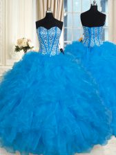 Spectacular Sleeveless Floor Length Beading and Ruffles Lace Up Vestidos de Quinceanera with Baby Blue