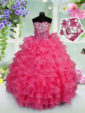  Hot Pink Lace Up Sweetheart Ruffled Layers and Sequins Little Girls Pageant Dress Organza Sleeveless