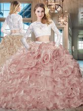 High Quality Scoop Long Sleeves Organza Brush Train Zipper Ball Gown Prom Dress in Pink with Beading and Lace and Ruffles