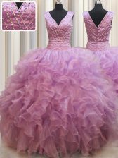  Lilac Ball Gowns Organza V-neck Sleeveless Beading Floor Length Lace Up Sweet 16 Dress