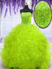 Cheap Yellow Green Lace Up Strapless Beading and Appliques and Ruffles Quinceanera Dresses Organza Sleeveless Brush Train