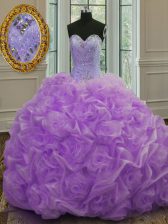  Lavender Sleeveless Organza Sweep Train Lace Up Quinceanera Dresses for Military Ball and Sweet 16 and Quinceanera
