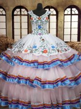 Sumptuous Straps Sleeveless Embroidery and Ruffled Layers Lace Up Quinceanera Gowns