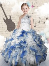  Blue And White One Shoulder Neckline Beading and Ruffles Girls Pageant Dresses Sleeveless Lace Up