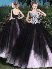 High Class Scoop Pink And Black Sleeveless Appliques and Ruffles Floor Length Sweet 16 Quinceanera Dress