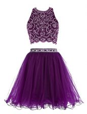 Fashionable Purple Empire Scoop Sleeveless Chiffon Mini Length Clasp Handle Beading Prom Dress