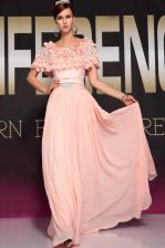 Sumptuous Pink Scoop Side Zipper Ruffles and Belt Prom Gown Short Sleeves
