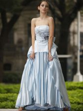  Silver Strapless Side Zipper Appliques and Bowknot Evening Dress Sleeveless