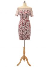 Glorious White And Red Column/Sheath Lace Off The Shoulder Short Sleeves Lace Mini Length Zipper Dress for Prom