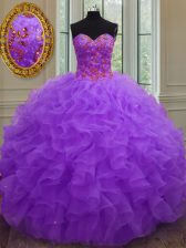  Sleeveless Floor Length Beading and Ruffles Lace Up Ball Gown Prom Dress with Purple