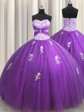  Sleeveless Floor Length Beading and Appliques Lace Up 15th Birthday Dress with Purple