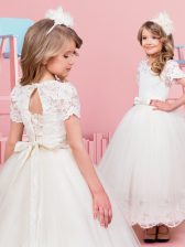  Scoop White Short Sleeves Tea Length Lace and Bowknot Lace Up Flower Girl Dress