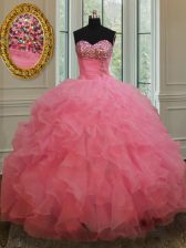  Sleeveless Organza Floor Length Lace Up Sweet 16 Dress in Rose Pink with Beading and Ruffles