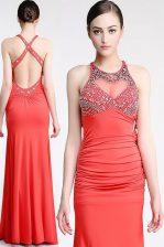  Watermelon Red Chiffon Criss Cross Scoop Sleeveless Floor Length Prom Evening Gown Beading