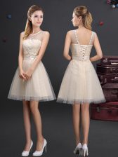 Custom Design Champagne A-line Tulle Scoop Sleeveless Beading and Lace and Appliques and Belt Mini Length Lace Up Quinceanera Dama Dress