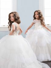  Scoop Short Sleeves Lace and Ruffled Layers and Hand Made Flower Backless Flower Girl Dresses for Less with White Brush Train