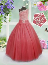  Watermelon Red Sleeveless Floor Length Beading Side Zipper Girls Pageant Dresses