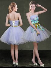 Low Price Lavender A-line Appliques and Belt Prom Dress Lace Up Organza Sleeveless Mini Length