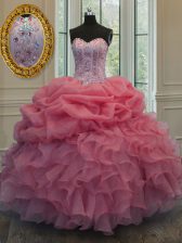 Modest Watermelon Red Sweetheart Neckline Beading and Pick Ups Sweet 16 Quinceanera Dress Sleeveless Lace Up