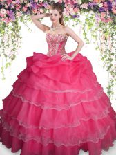 High End Sleeveless Organza Floor Length Lace Up Quinceanera Gown in Coral Red with Beading and Ruffled Layers and Pick Ups