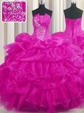 Designer Pick Ups Ruffled Ball Gowns Quinceanera Dresses Hot Pink and Fuchsia Strapless Organza Sleeveless Floor Length Lace Up