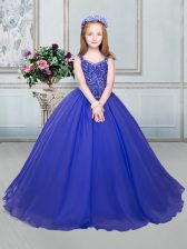 Dramatic Straps Royal Blue Organza Lace Up Little Girls Pageant Dress Sleeveless Floor Length Beading