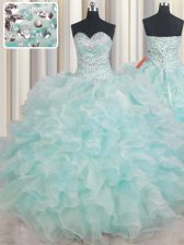 Fashionable Apple Green Sleeveless Floor Length Beading and Ruffles Lace Up Sweet 16 Dress