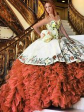 Clearance Rust Red Ball Gowns Sweetheart Sleeveless Organza Floor Length Lace Up Appliques and Embroidery and Ruffles Ball Gown Prom Dress