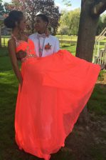Ideal Halter Top Orange Red A-line Beading Prom Dress Backless Chiffon Sleeveless With Train