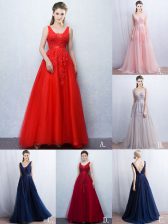 Low Price V-neck Sleeveless Tulle Appliques and Belt Brush Train Backless