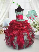  Red Organza Lace Up Spaghetti Straps Sleeveless Floor Length Little Girl Pageant Gowns Beading and Ruffles