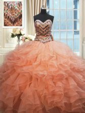 Charming Beaded Bodice Orange and Peach Ball Gowns Sweetheart Sleeveless Organza Floor Length Lace Up Beading and Ruffles 15th Birthday Dress