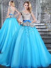  Baby Blue Vestidos de Quinceanera V-neck Sleeveless Brush Train Lace Up