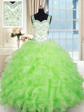Traditional Straps Sleeveless 15th Birthday Dress Floor Length Beading and Ruffles Yellow Green Organza