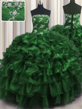 Beautiful Dark Green Ball Gowns Organza Strapless Sleeveless Appliques and Ruffles and Ruffled Layers Floor Length Lace Up 15 Quinceanera Dress