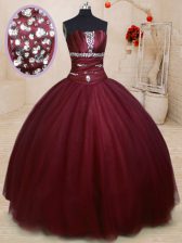 Flirting Floor Length Burgundy Quince Ball Gowns Strapless Sleeveless Lace Up