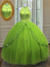 On Sale Sleeveless Tulle Floor Length Lace Up Sweet 16 Quinceanera Dress in Yellow Green with Beading and Appliques