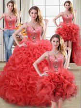 Superior Four Piece Coral Red Fabric With Rolling Flowers Zipper Straps Sleeveless Floor Length 15 Quinceanera Dress Beading and Ruffles