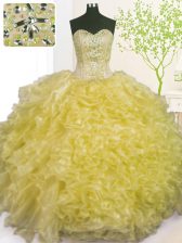  Sleeveless Organza Floor Length Lace Up Vestidos de Quinceanera in Light Yellow with Beading and Ruffles and Pick Ups