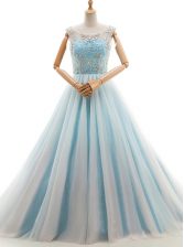  Light Blue A-line Tulle Scoop Sleeveless Beading With Train Lace Up Prom Dresses Court Train