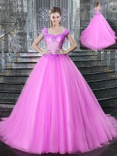 Dynamic Straps Fuchsia Sleeveless With Train Beading and Appliques Lace Up 15 Quinceanera Dress