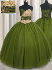  Olive Green Sleeveless Beading and Ruching and Belt Floor Length Sweet 16 Dresses