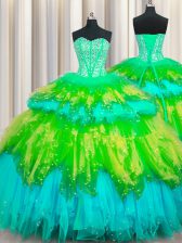  Bling-bling Visible Boning Multi-color Tulle Lace Up Quinceanera Gowns Sleeveless Floor Length Beading and Ruffles and Ruffled Layers and Sequins