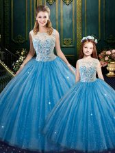Delicate Floor Length Baby Blue Sweet 16 Dresses Tulle Sleeveless Lace